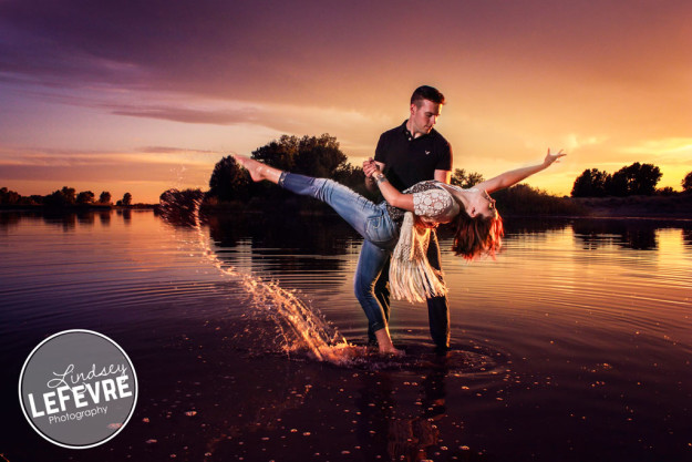 Lindsey LeFevre's shoot the fashion group photo. Couple dancing in Egin Lake at sunset. 