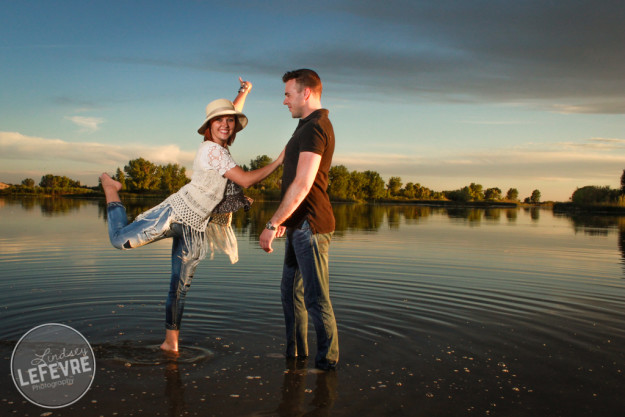 Lindsey LeFevre's shoot the fashion group photo. Couple dancing in Egin Lake at sunset. 