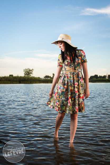 Lindsey LeFevre's women's fashion shoot. Girl in sun dress standing in Egin Lake. 