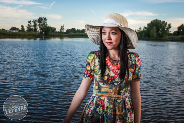 Lindsey LeFevre's women's fashion shoot. Smiling girl in sun dress at Egin Lake. 