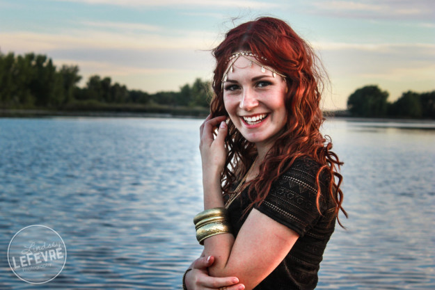 Lindsey LeFevre's women's fashion shoot. Smiling gypsy girl at Egin Lake. 