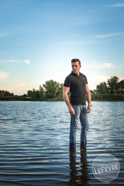 Lindsey LeFevre's men's fashion shoot. Guy standing in Egin Lake. 