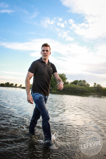 Lindsey LeFevre's men's fashion shoot. Guy walking in Egin Lake. 