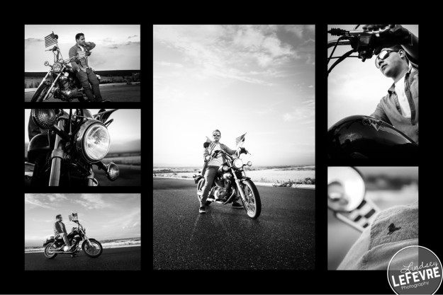 Lindsey LeFevre Personal Style Series: American Motorcycle. Matt Doggett on Motocycle in the sunset. Black and white photograph.