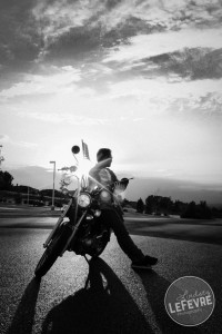 Lindsey LeFevre Personal Style Series: American Motorcycle. Matt Doggett on Motocycle in the sunset. Black and white photograph.