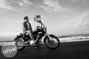 Lindsey LeFevre Personal Style Series: American Motorcycle. Matt Doggett on Motocycle in the sunset. Black and white photograph.